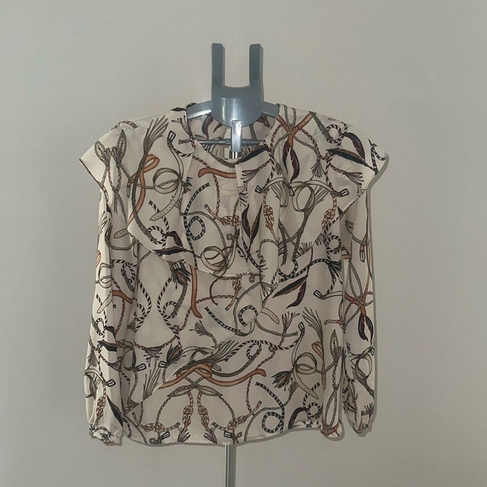 White and Black Patterned Long Sleeve Blouse